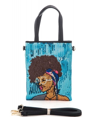 Glasses Girl Sequins Top Handle Convertible Swing Bag 136-S039-SM TURQUIOSE